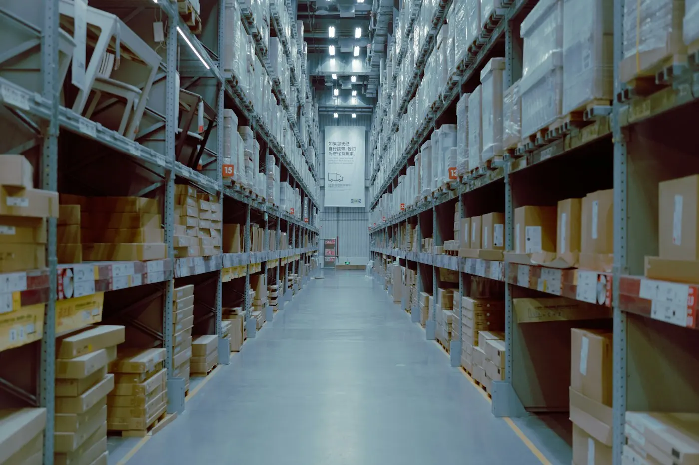 Warehouse aisle with shelves full of products