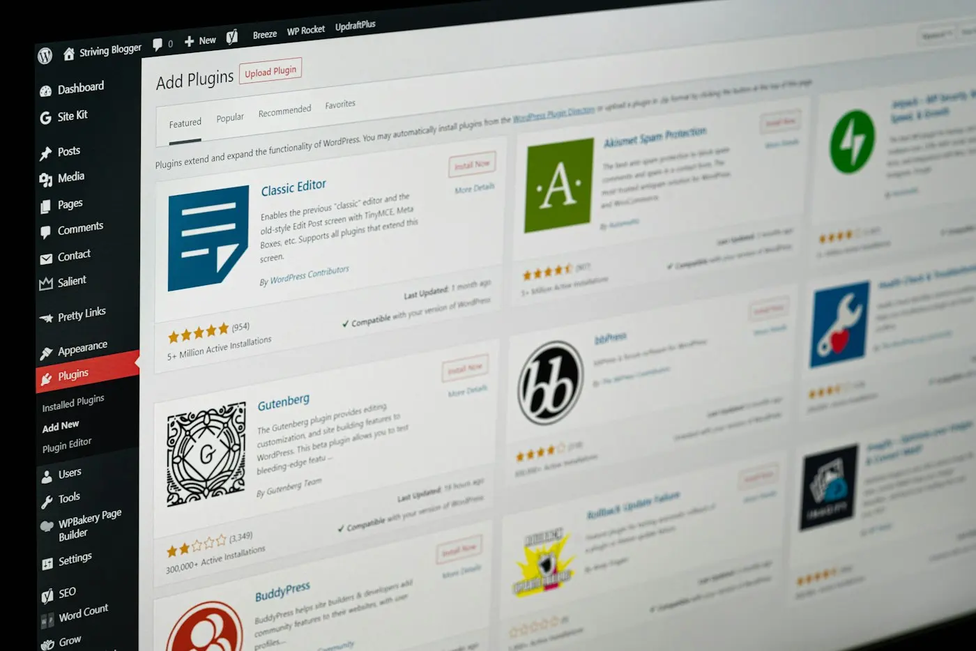 WordPress dashboard with the list of available plugins