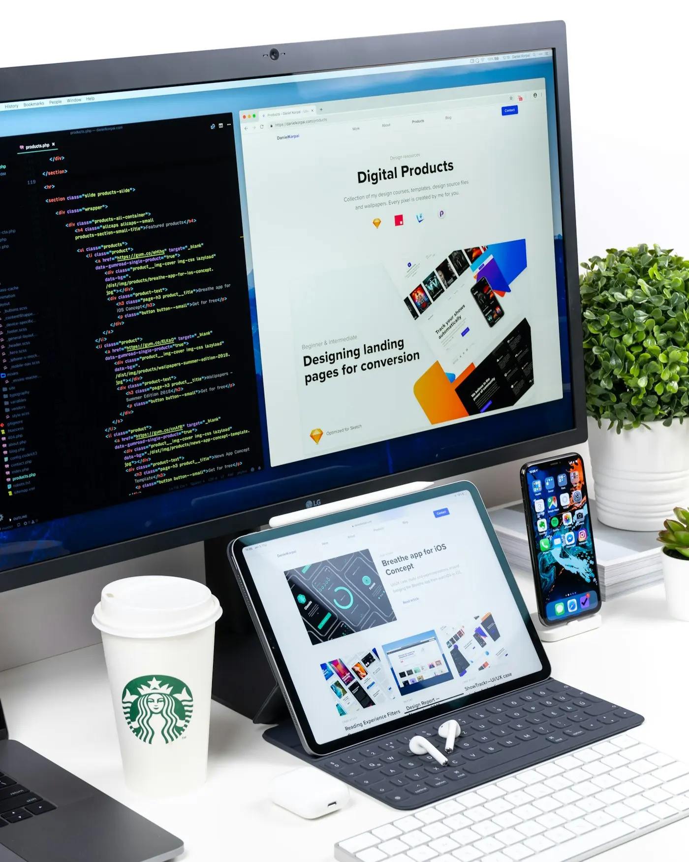Monitor showing the code and design of a web page
